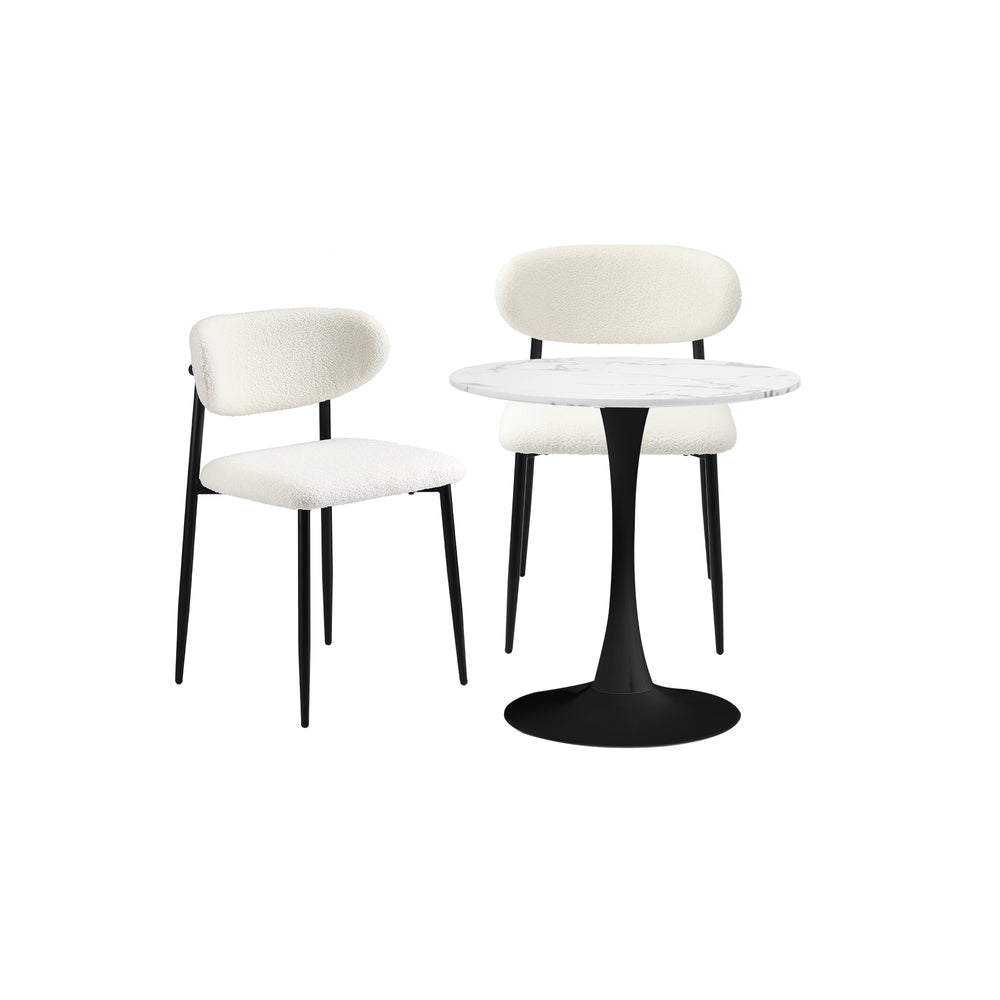 Oikiture 60cm Round Dining Table with 2x Dining Chairs Boucle White&Black