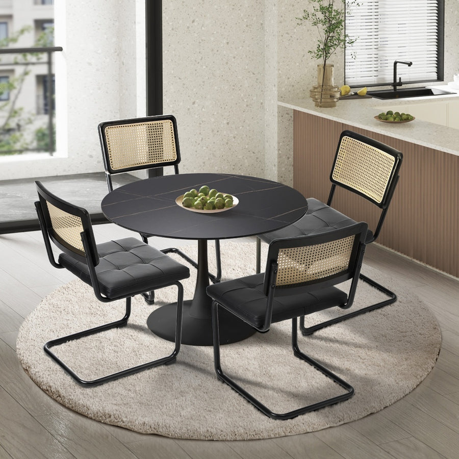 Oikiture 90cm Round Dining Table with 4PCS Dining Chairs PU Leather Black, image 6