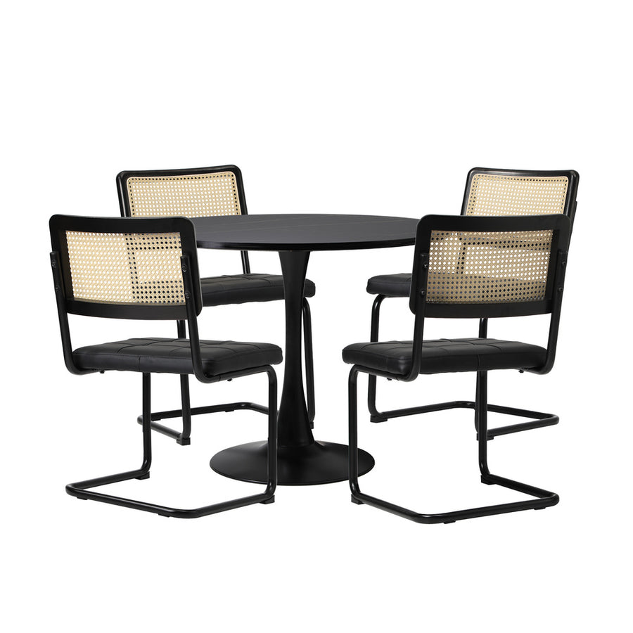 Oikiture 90cm Round Dining Table with 4PCS Dining Chairs PU Leather Black
