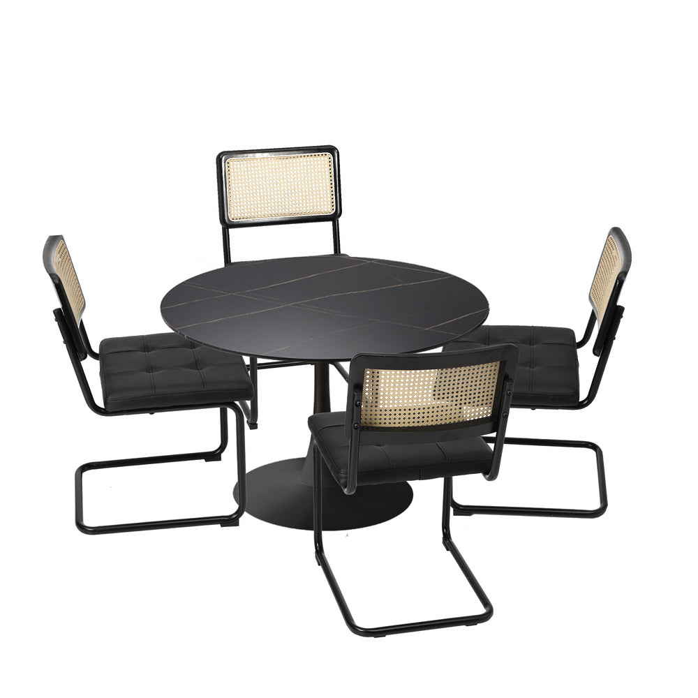 Oikiture 90cm Round Dining Table with 4PCS Dining Chairs PU Leather Black