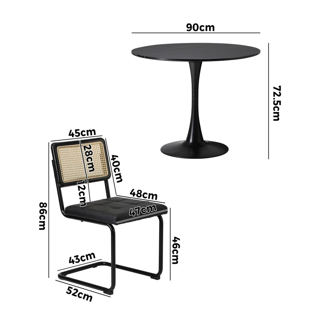 Oikiture 90cm Round Dining Table with 4PCS Dining Chairs PU Leather Black