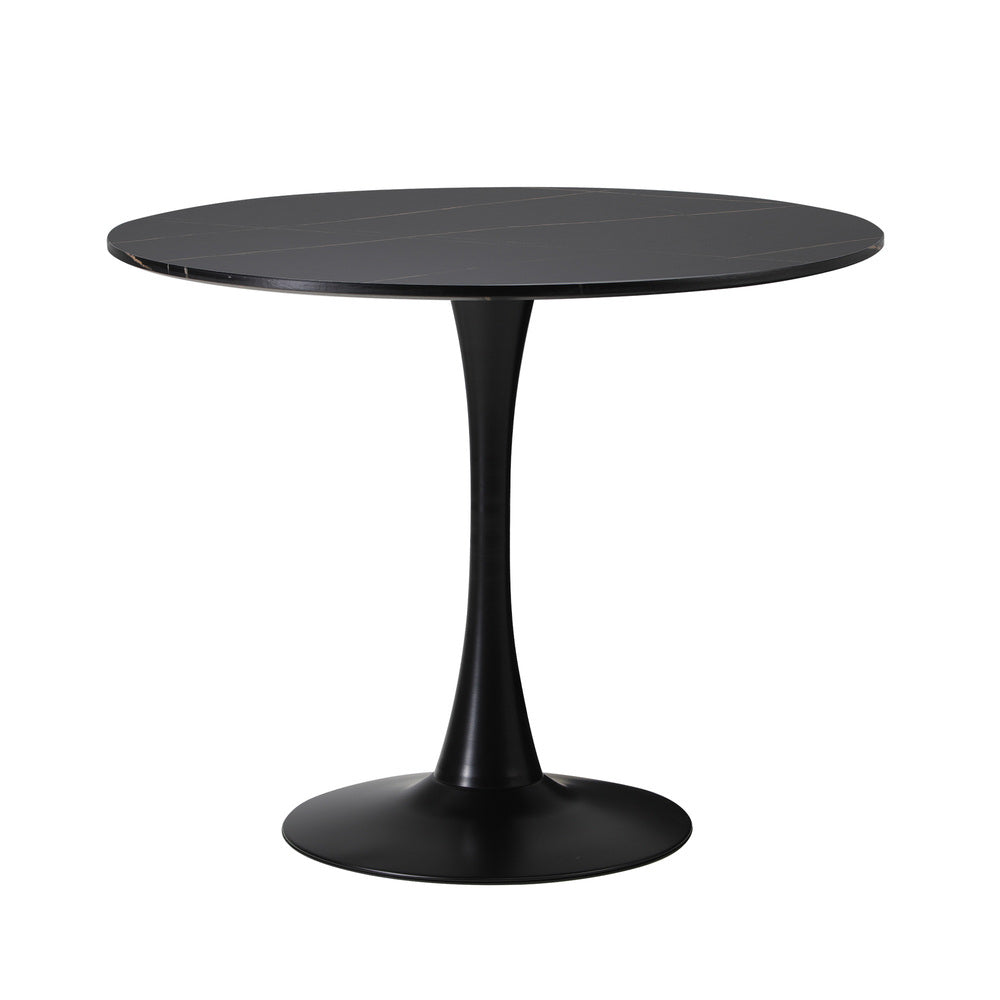 Oikiture 90cm Round Dining Table with 4PCS Dining Chairs PU Leather Black