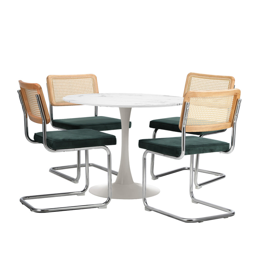 Oikiture 90cm Round Dining Table with 4PCS Dining Chairs Velvet White&Green