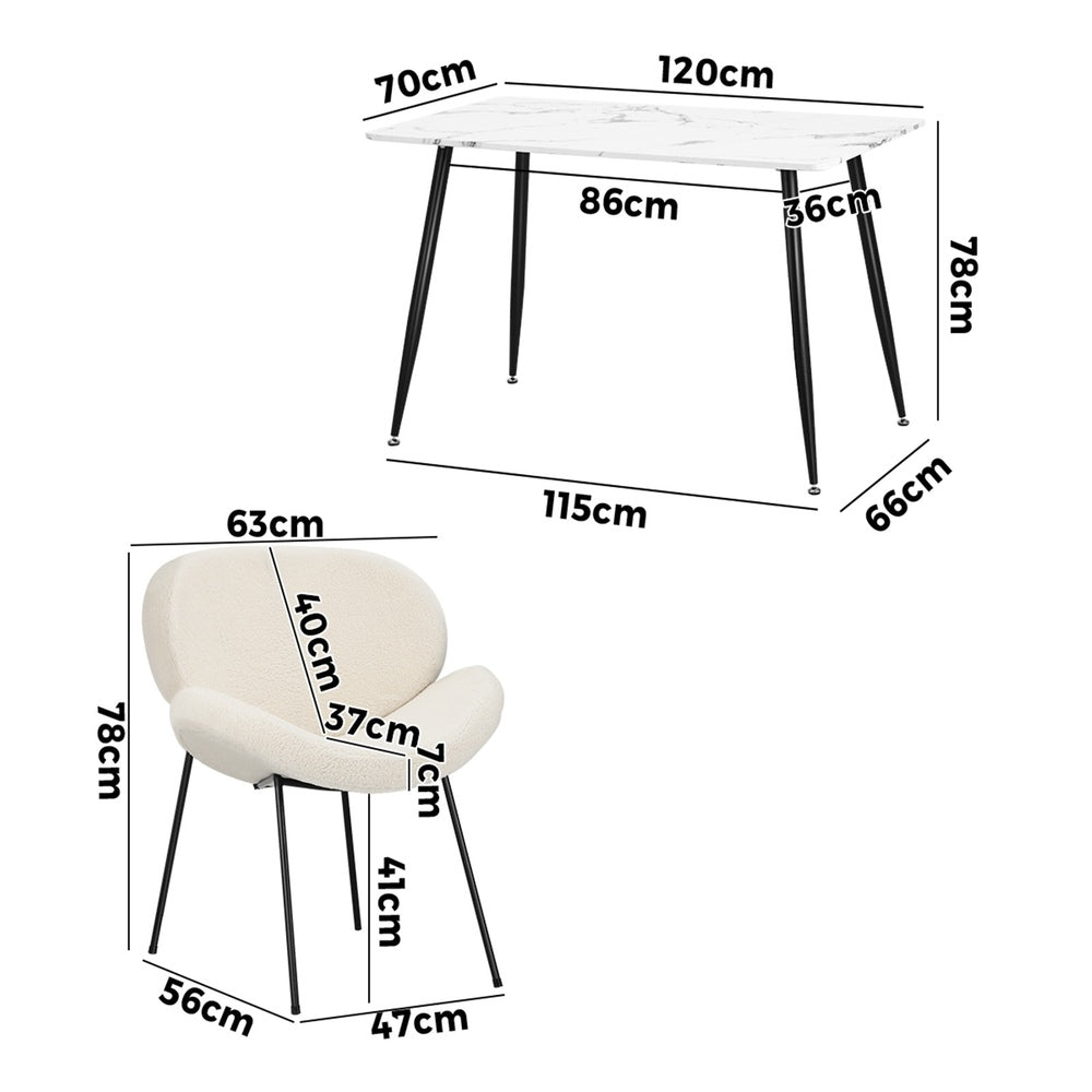 Oikiture 120cm Rectangle Dining Table with 4 Chairs Sherpa White