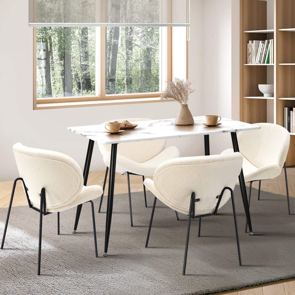 Oikiture 120cm Rectangle Dining Table with 4 Chairs Sherpa White