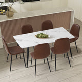 Oikiture 120cm Rectangle Dining Table with 6PCS Chairs PU Brown - Front View