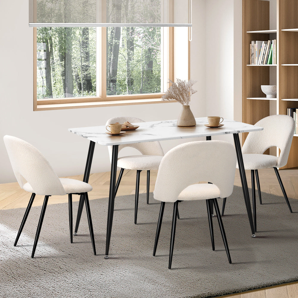 Oikiture 120cm Rectangle Dining Table with 4PCS Chairs Sherpa White