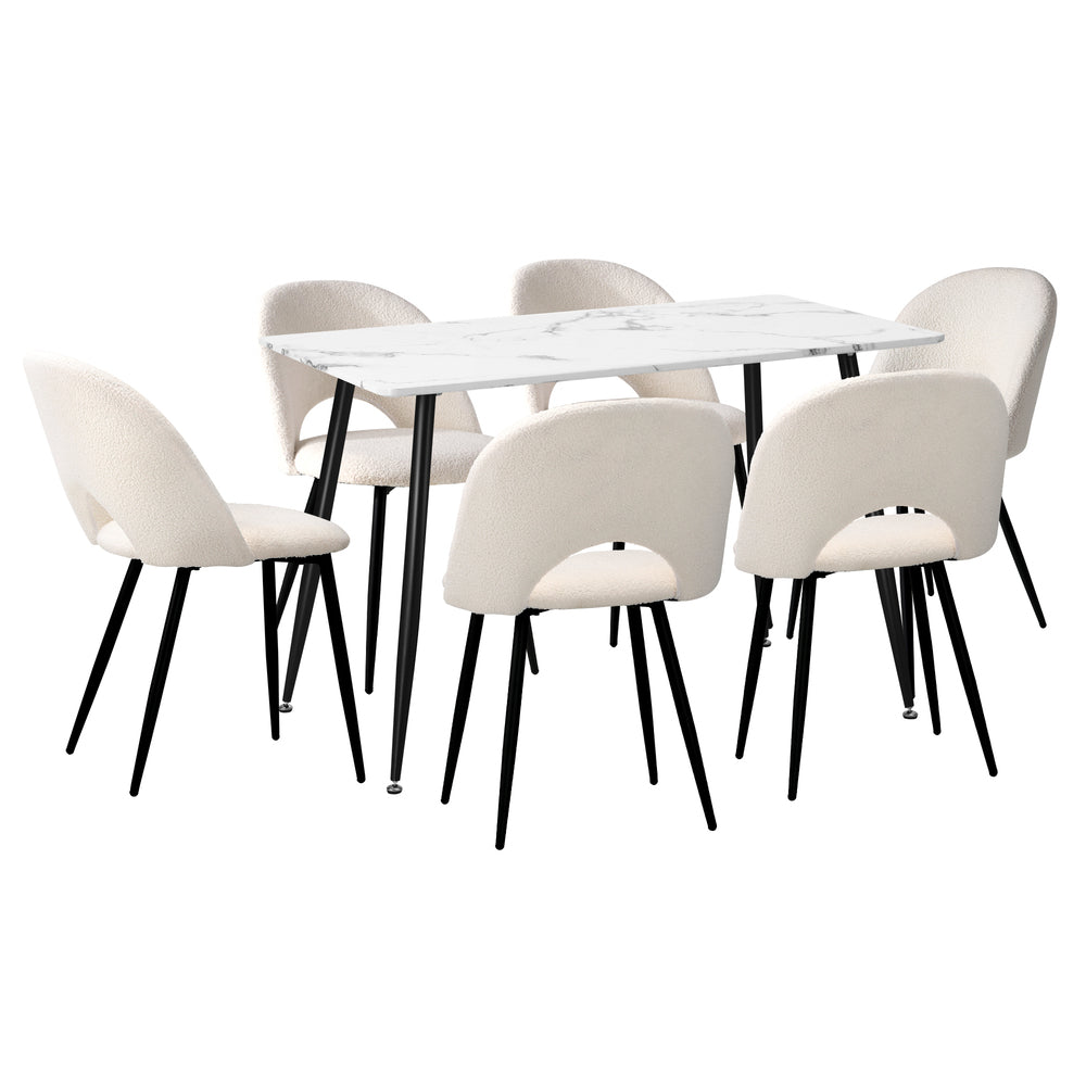 Oikiture 120cm Rectangle Dining Table with 6PCS Chairs Sherpa White