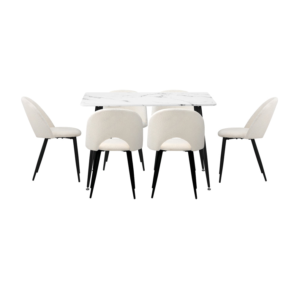Oikiture 120cm Rectangle Dining Table with 6PCS Chairs Sherpa White