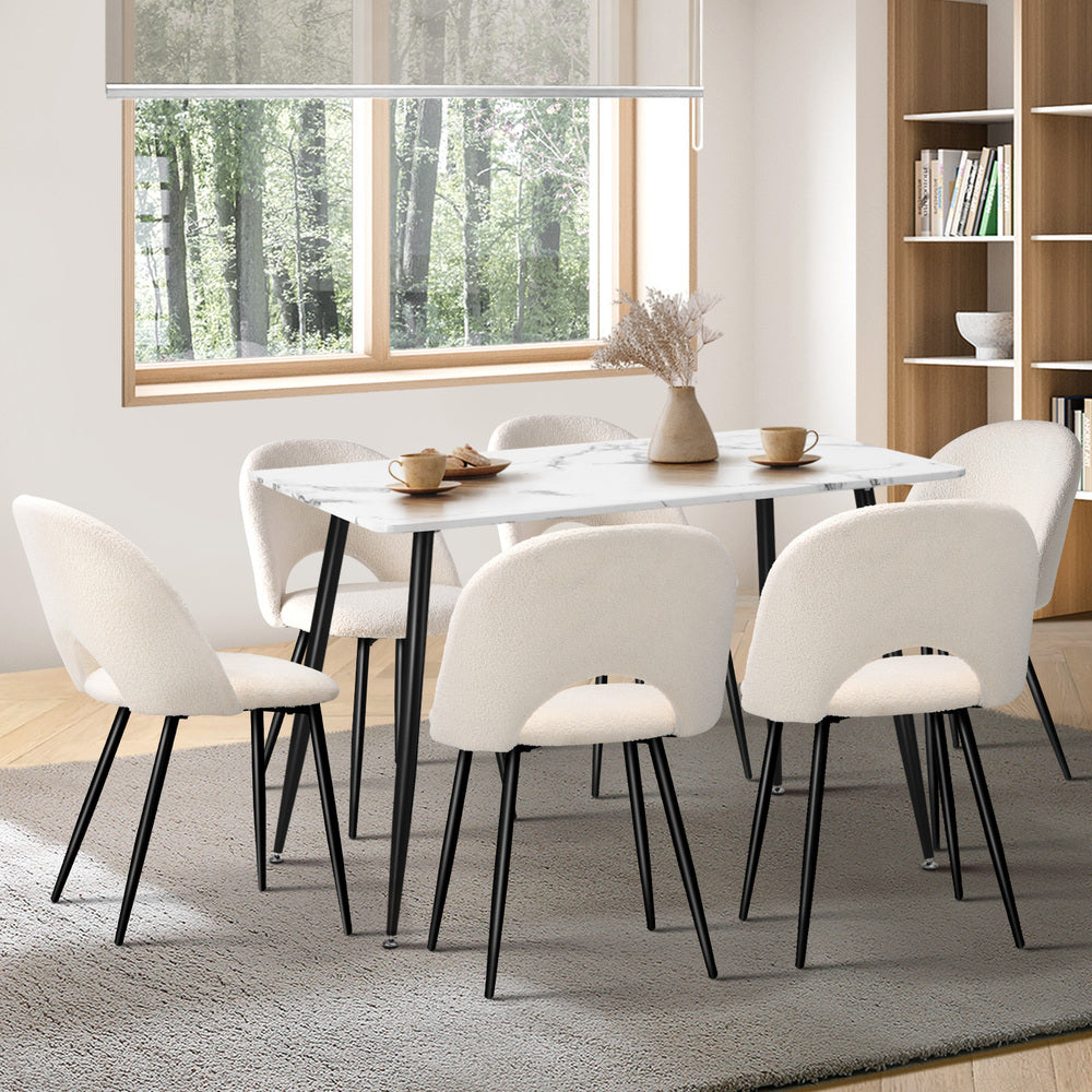 Oikiture 120cm Rectangle Dining Table with 6PCS Chairs Sherpa White
