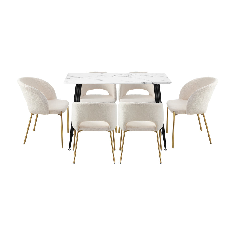 Oikiture 120cm Rectangle Dining Table with 6PCS Chairs Gold&White
