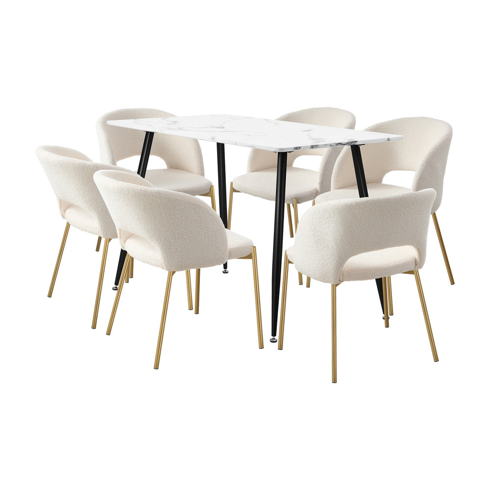 Oikiture 120cm Rectangle Dining Table with 6PCS Chairs Gold&White