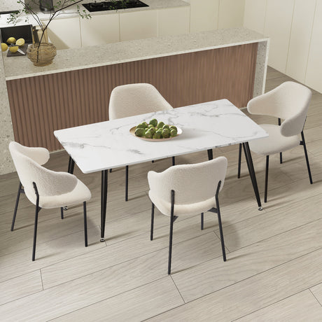 Oikiture 120cm Rectangle Dining Table with 4PCS Chairs Sherpa White