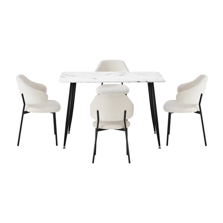 Oikiture 120cm Rectangle Dining Table with 4PCS Chairs Sherpa White