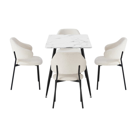 Oikiture 120cm Rectangle Dining Table with 4PCS Chairs Sherpa White