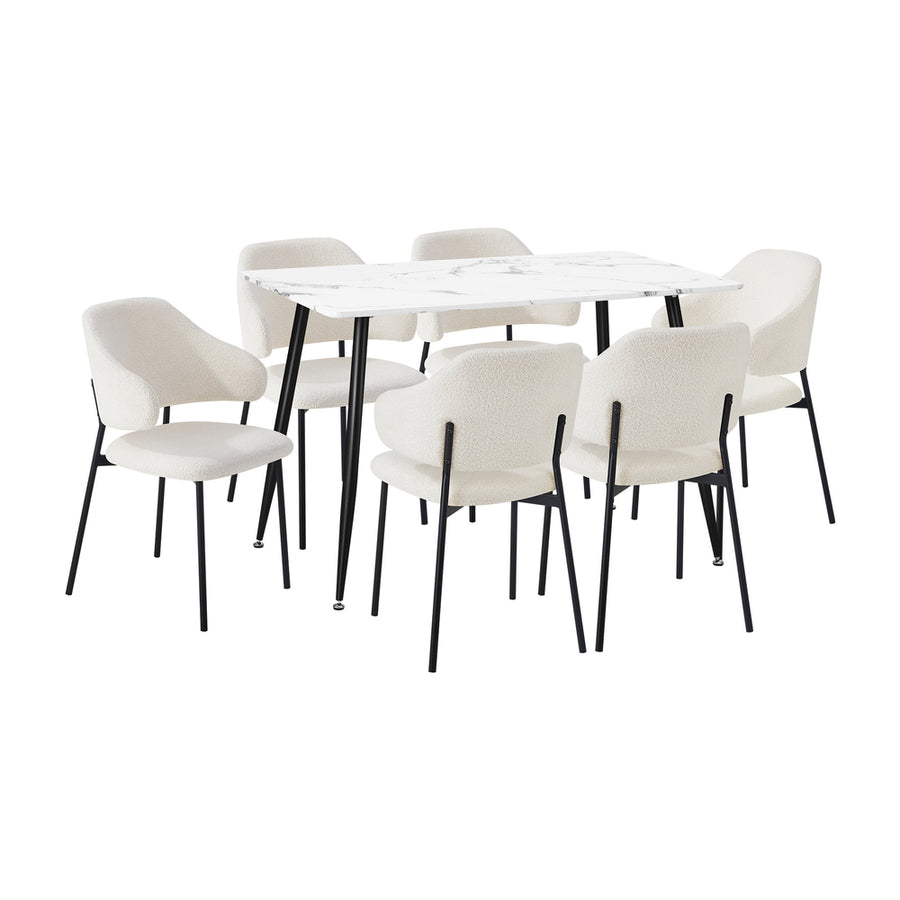 Oikiture 120cm Rectangle Dining Table with 6PCS Chairs Sherpa White