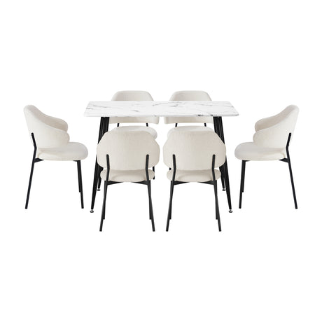 Oikiture 120cm Rectangle Dining Table with 6PCS Chairs Sherpa White