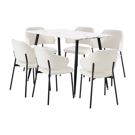 Oikiture 120cm Rectangle Dining Table with 6PCS Chairs Sherpa White