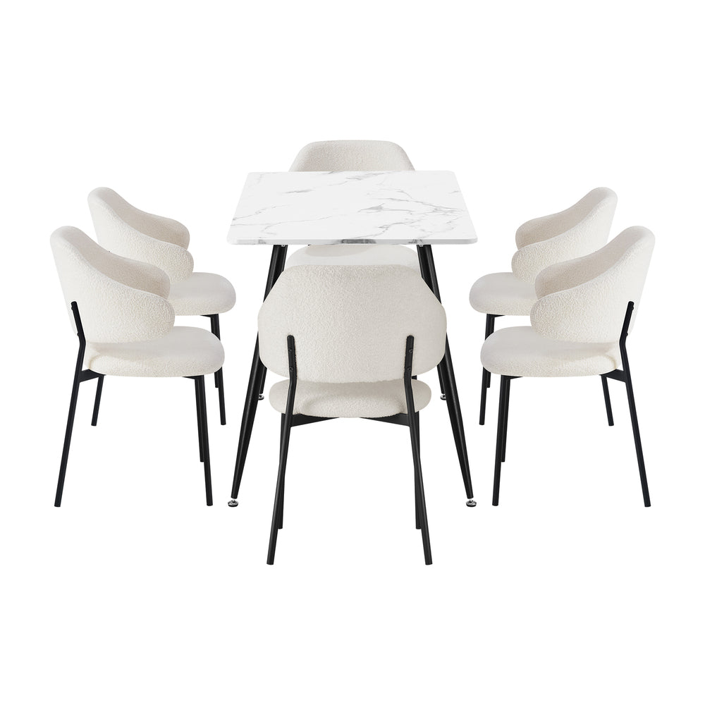 Oikiture 120cm Rectangle Dining Table with 6PCS Chairs Sherpa White
