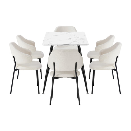 Oikiture 120cm Rectangle Dining Table with 6PCS Chairs Sherpa White