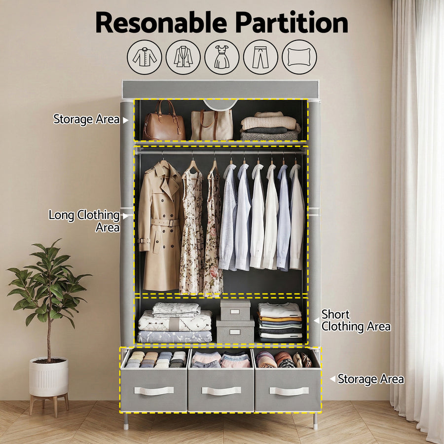 Artiss Large Portable Clothes Closet Wardrobe with Tiebacks Grey, image 5