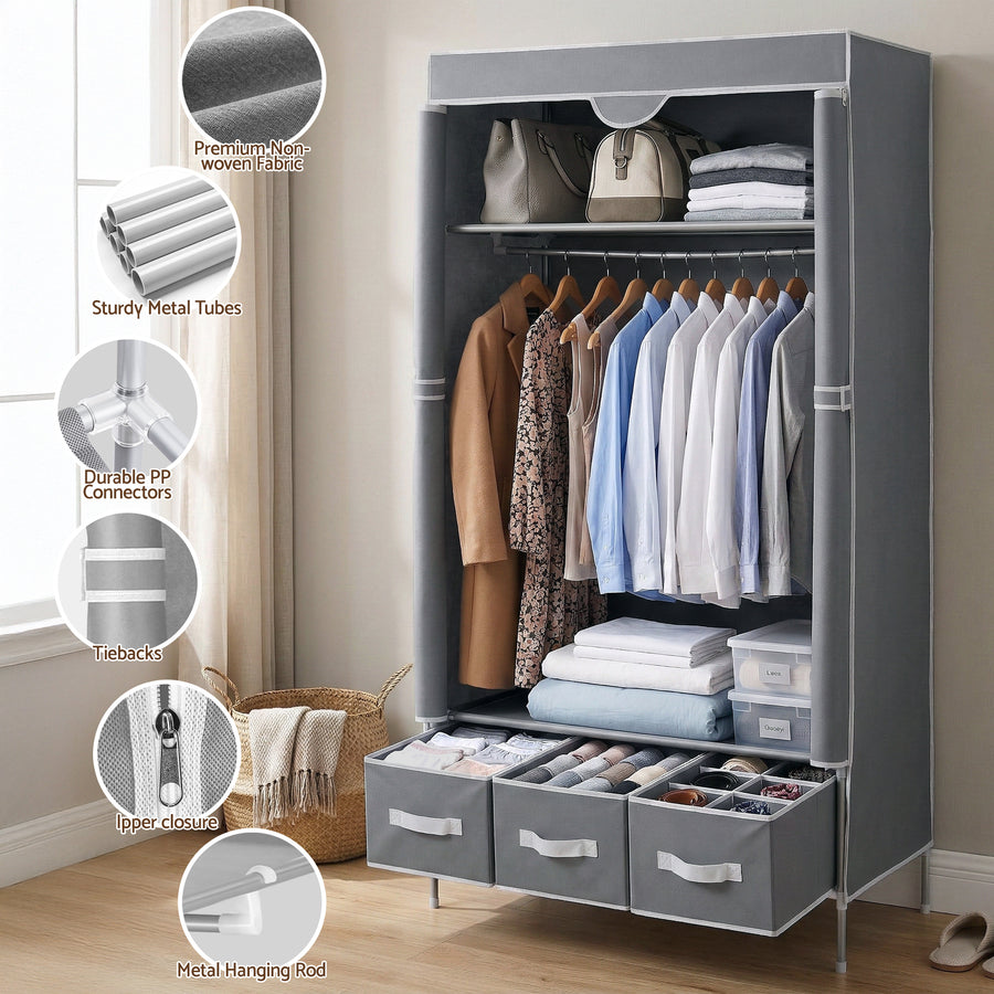 Artiss Large Portable Clothes Closet Wardrobe with Tiebacks Grey, image 8