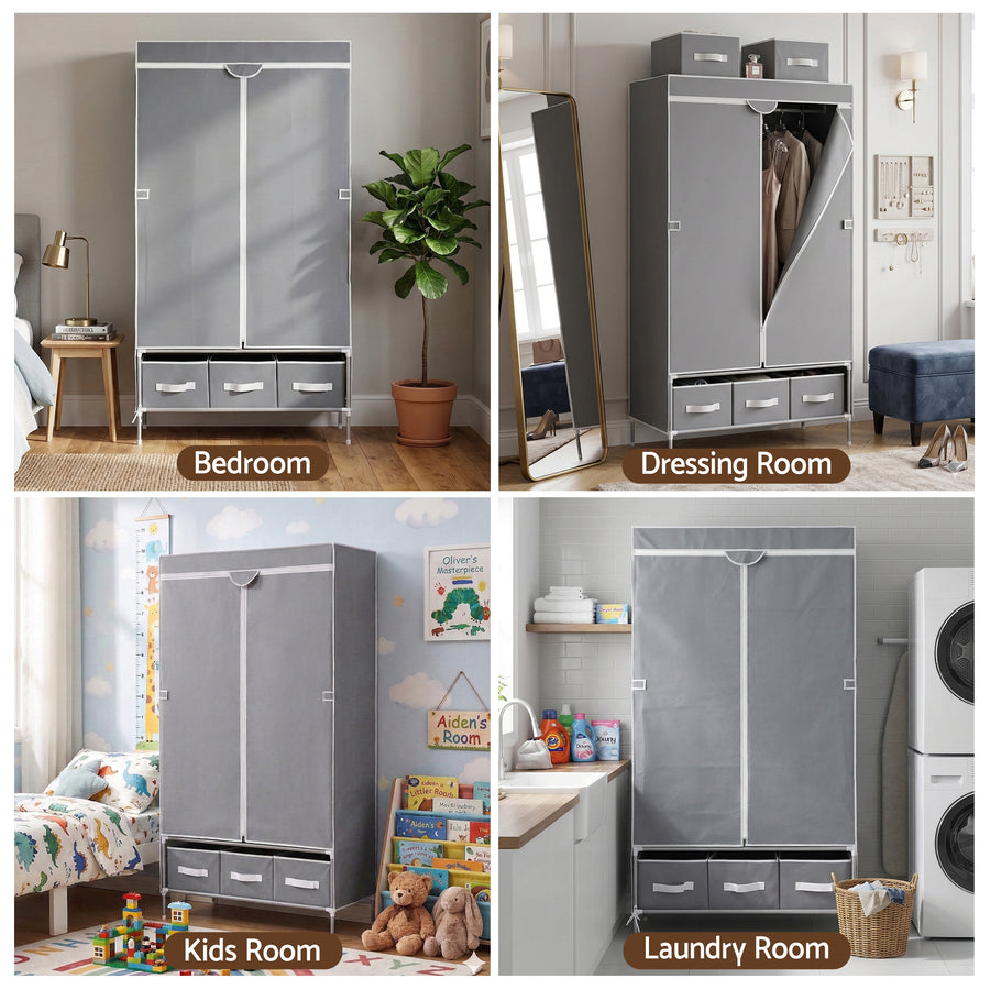 Artiss Large Portable Clothes Closet Wardrobe with Tiebacks Grey, image 9