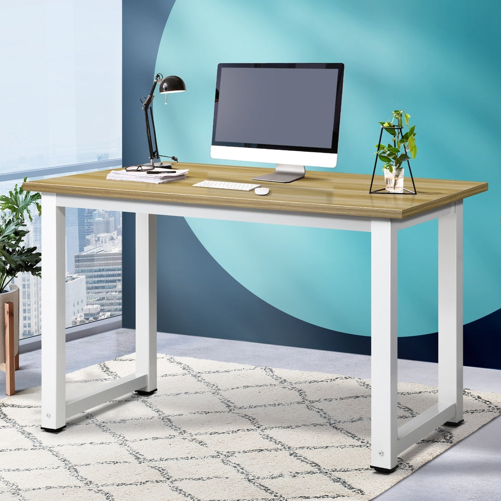 Oikiture Computer Desk White Frame Wood Top 120cm