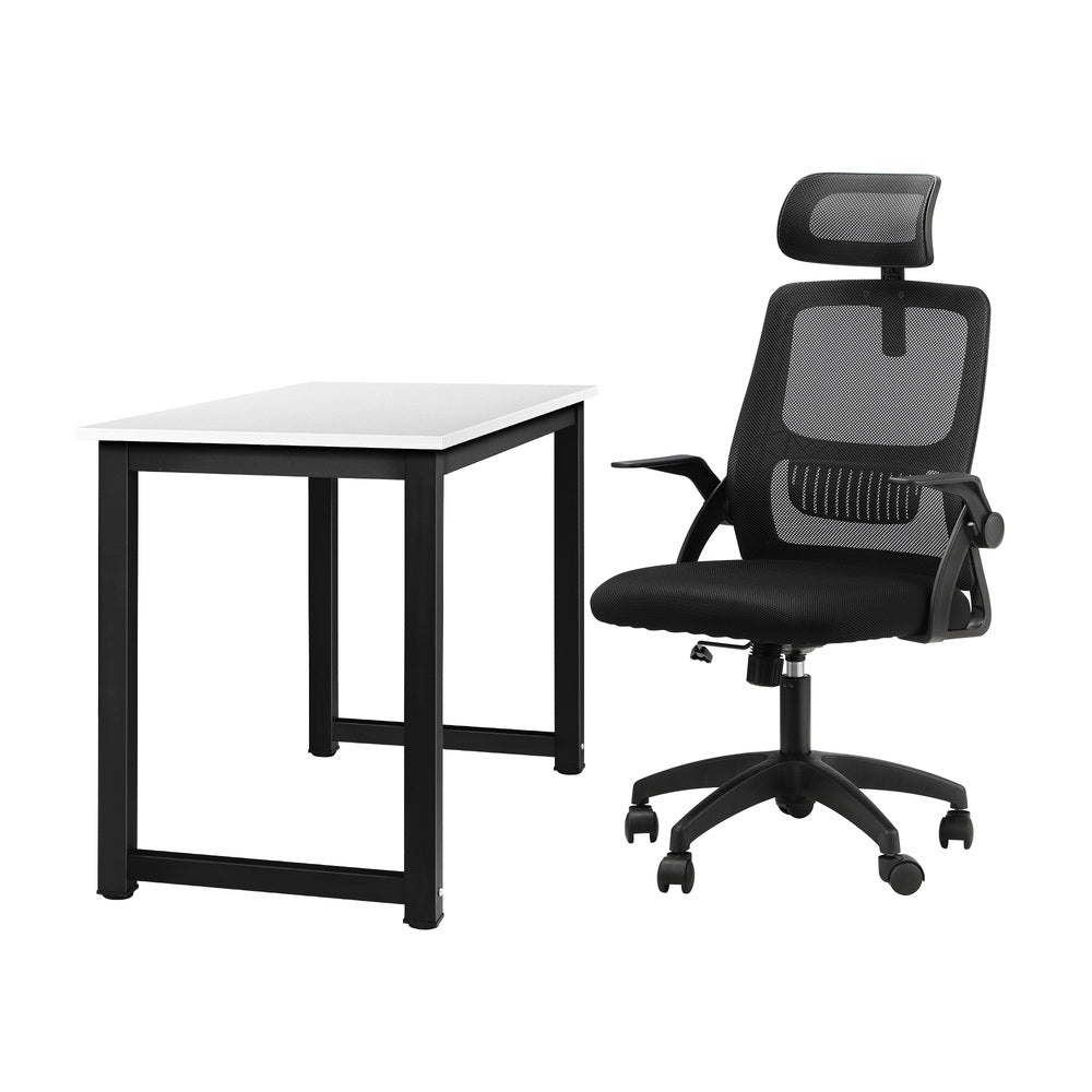 Oikiture Home Office Set Computer Desk and Mesh Office Chair BK&WH