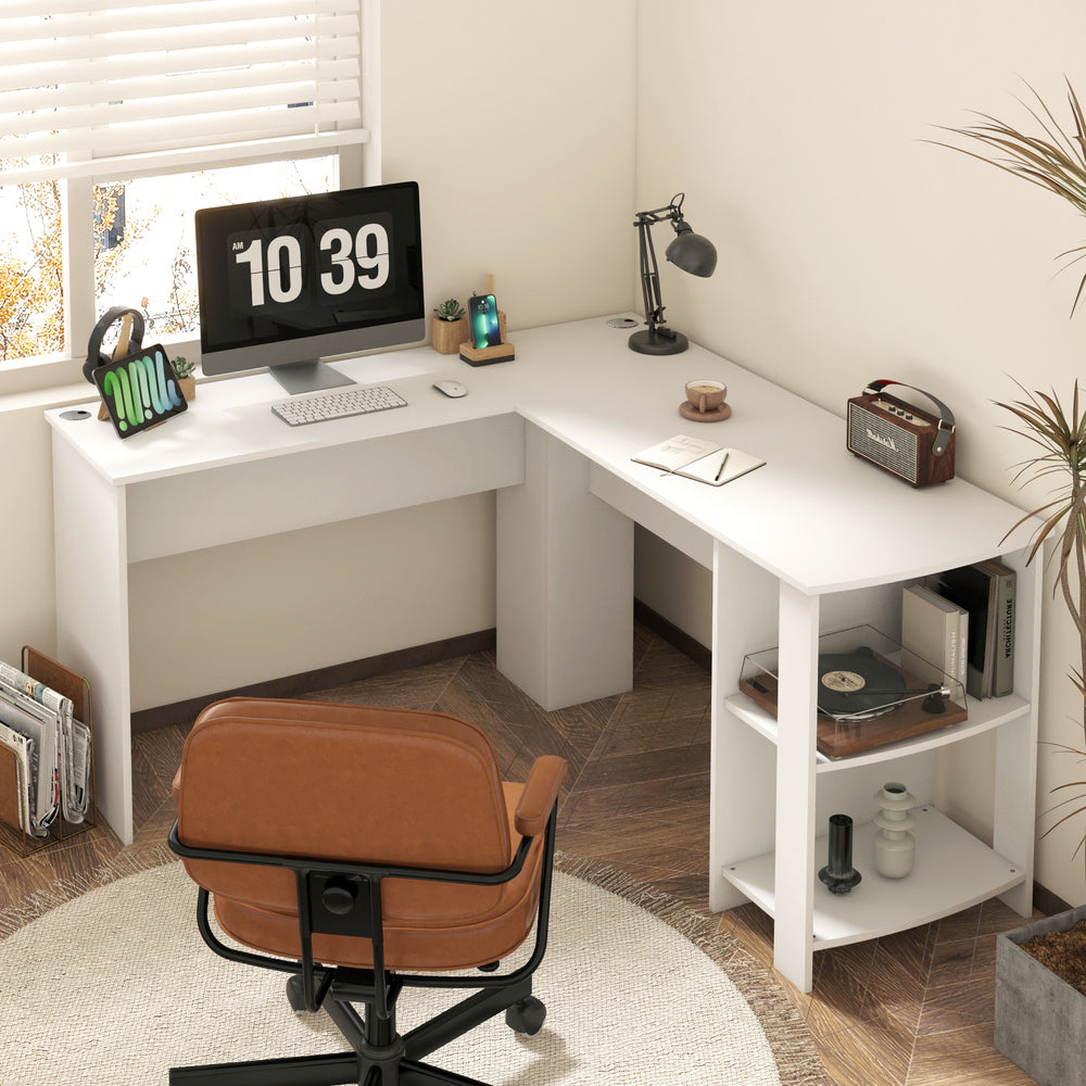 Oikiture L-shape Computer Desk with Storage Shelves White
