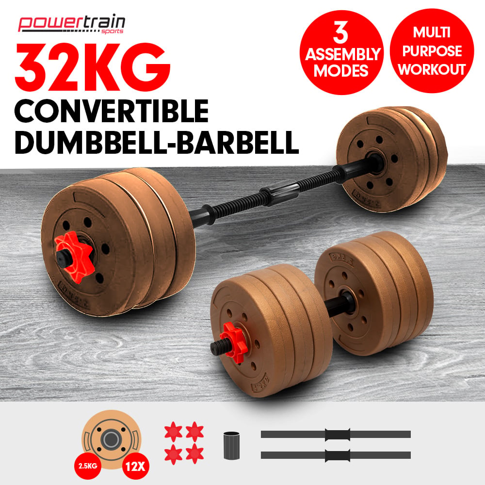 Powertrain Adjustable 32kg Home Gym Dumbbell Barbell Weights Gold