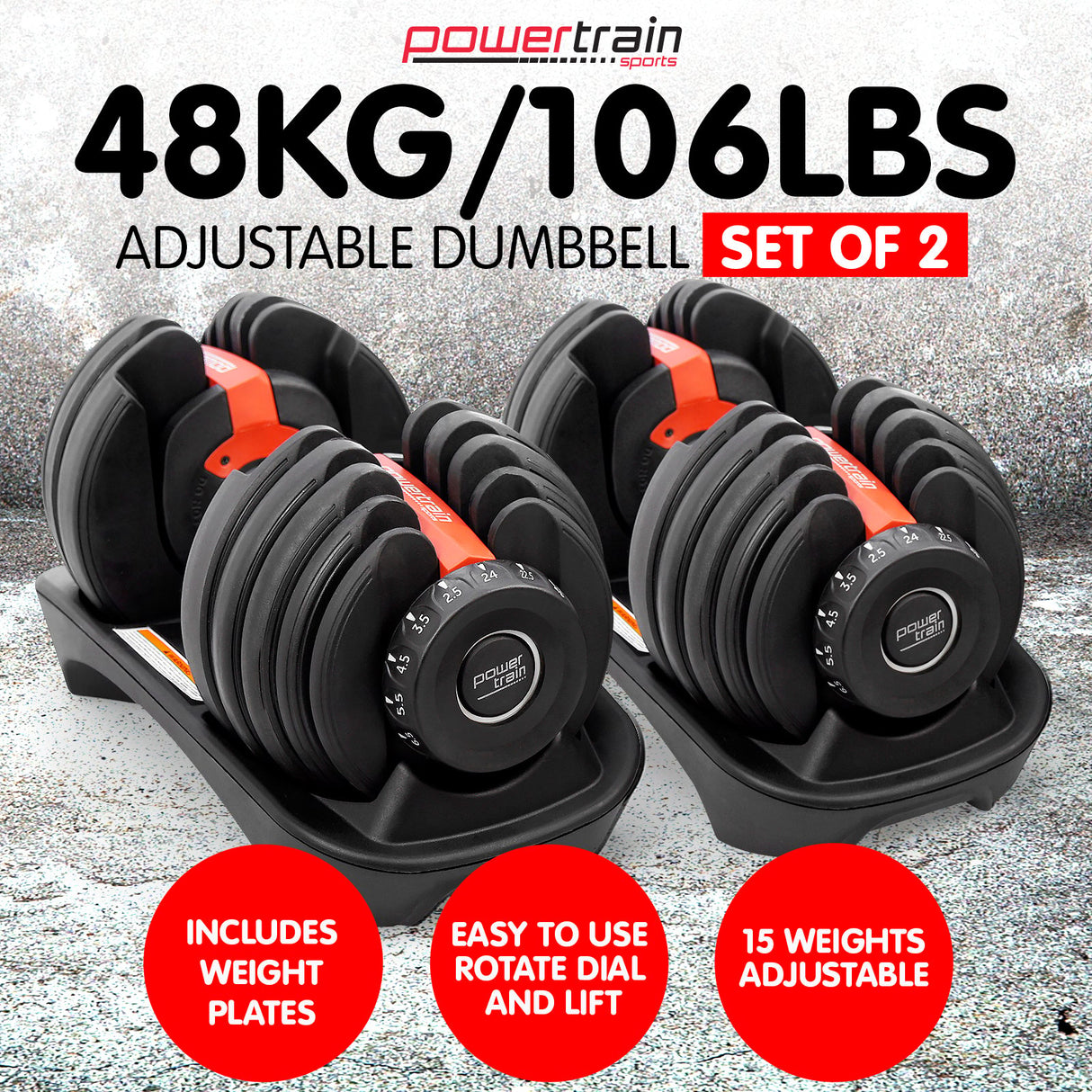 Powertrain 2x 24kg Adjustable Dumbbells Set Home Gym Exercise Free Weights - Red