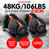 Powertrain 2x 24kg Adjustable Dumbbells Set Home Gym Exercise Free Weights - Red - Front View