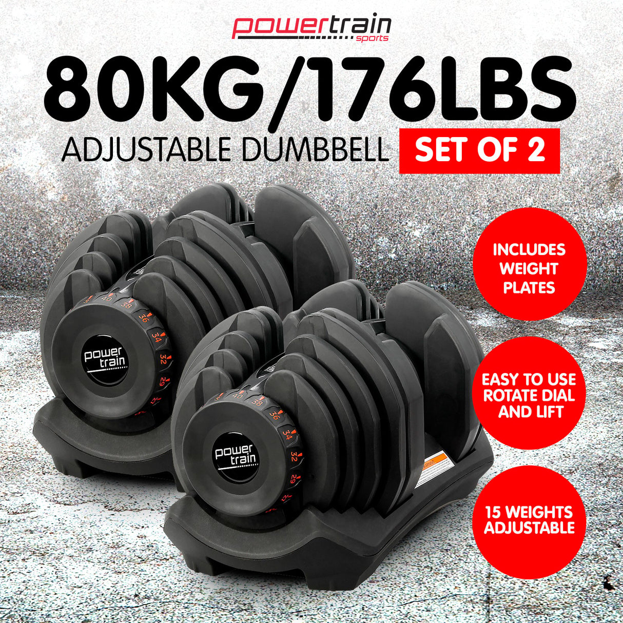 Powertrain 2x 40kg Adjustable Dumbbell Home Gym Exercise Equipment Free Weights