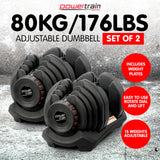 Powertrain 2x 40kg Adjustable Dumbbell Home Gym Exercise Equipment Free Weights - Front View