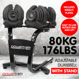 Powertrain 80kg Adjustable Dumbbell Set W Stand Home Gym Exercise Free Weights
