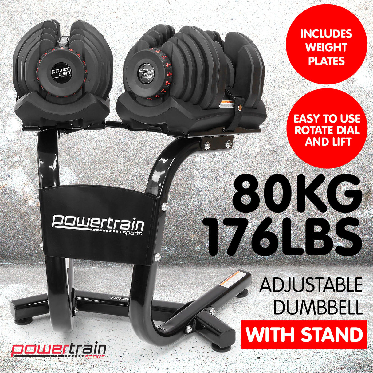Powertrain 80kg Adjustable Dumbbell Set W Stand Home Gym Exercise Free Weights