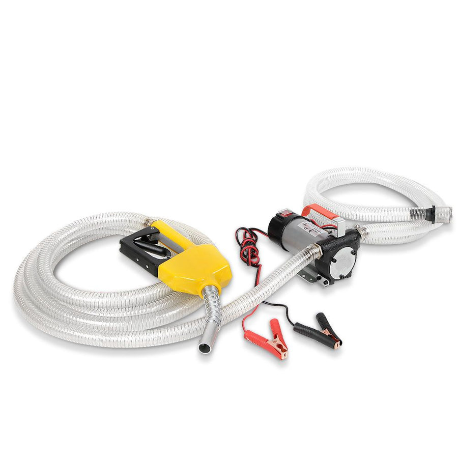 Giantz 12V diesel transfer pump with clear hoses, trigger nozzle and alligator clips