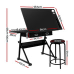 Artiss Drawing Desk Stool Set Drafting Table Adjustable Angle Tilt Drawers Black