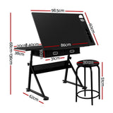 Artiss Drawing Desk Stool Set Drafting Table Adjustable Angle Tilt Drawers Black - Front View