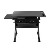 Artiss Drawing Desk Stool Set Drafting Table Adjustable Angle Tilt Drawers Black - Side View