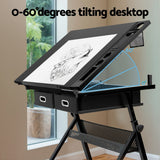 Artiss Drawing Desk Stool Set Drafting Table Adjustable Angle Tilt Drawers Black - 45-Degree Angle