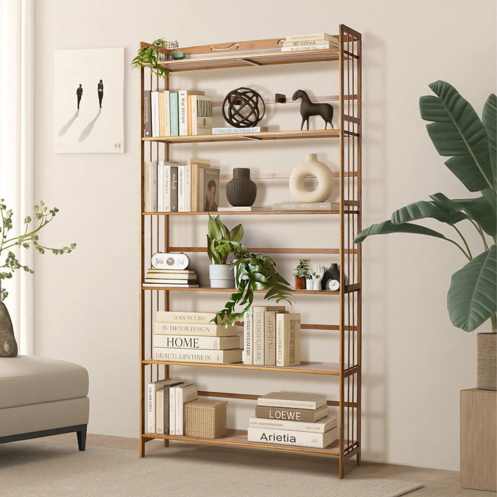 Oikiture 6-tier Bamboo Bookshelf Bookcase Adjustable Display Shelf