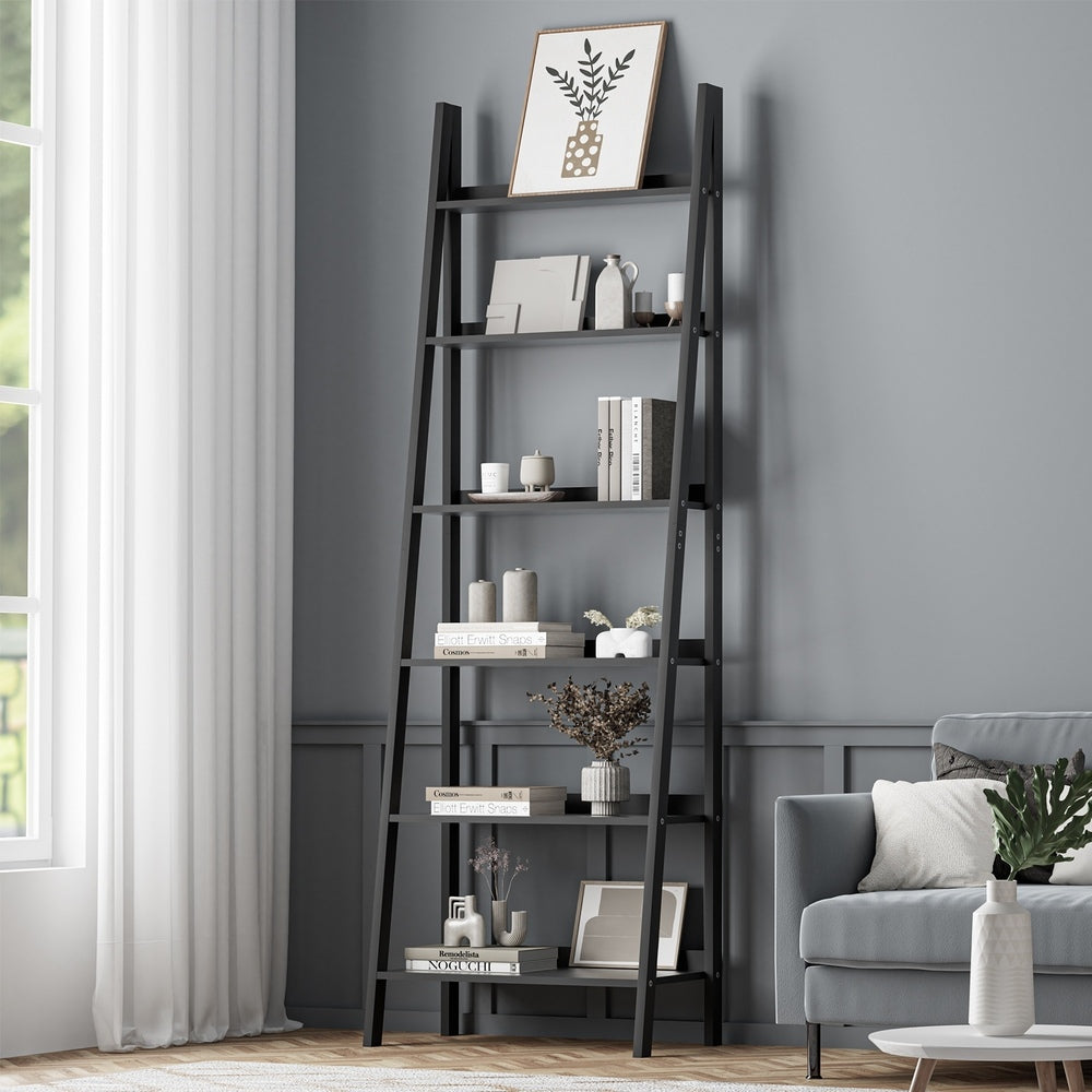 Oikiture Corner Ladder Shelf 6-Tier Display Rack Black