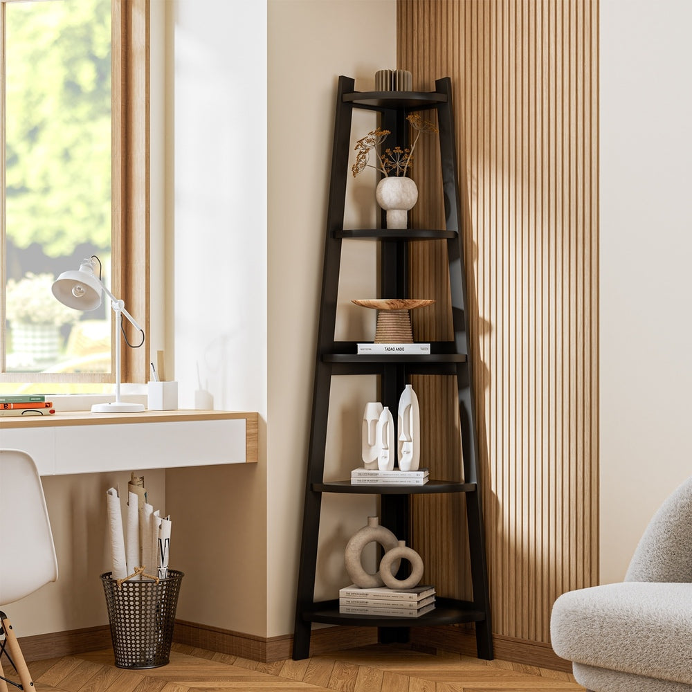 Oikiture Corner Ladder Shelf 5-Tier Display Shelf Black
