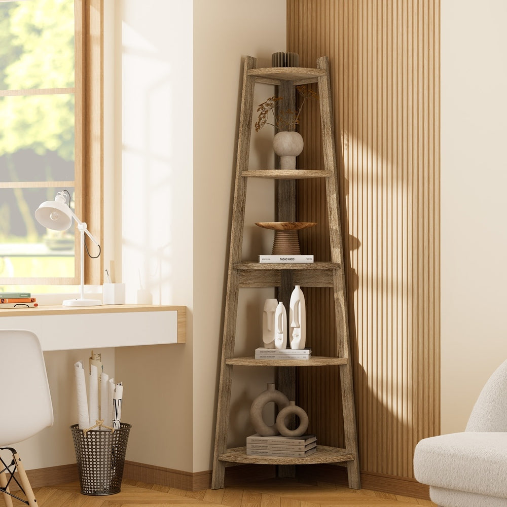 Oikiture Corner Ladder Shelf 5 Tier Display Stand Bookshelf Natural