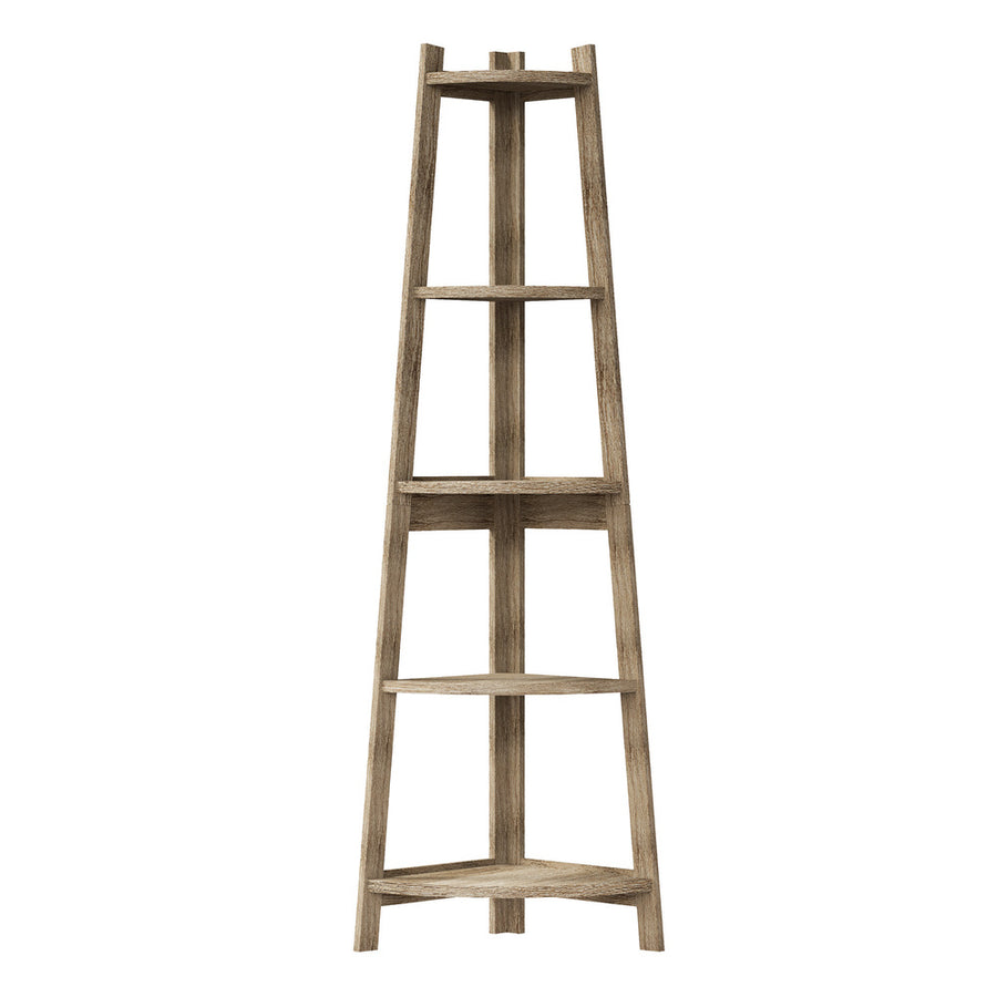 Oikiture Corner Ladder Shelf 5 Tier Display Stand Bookshelf Natural