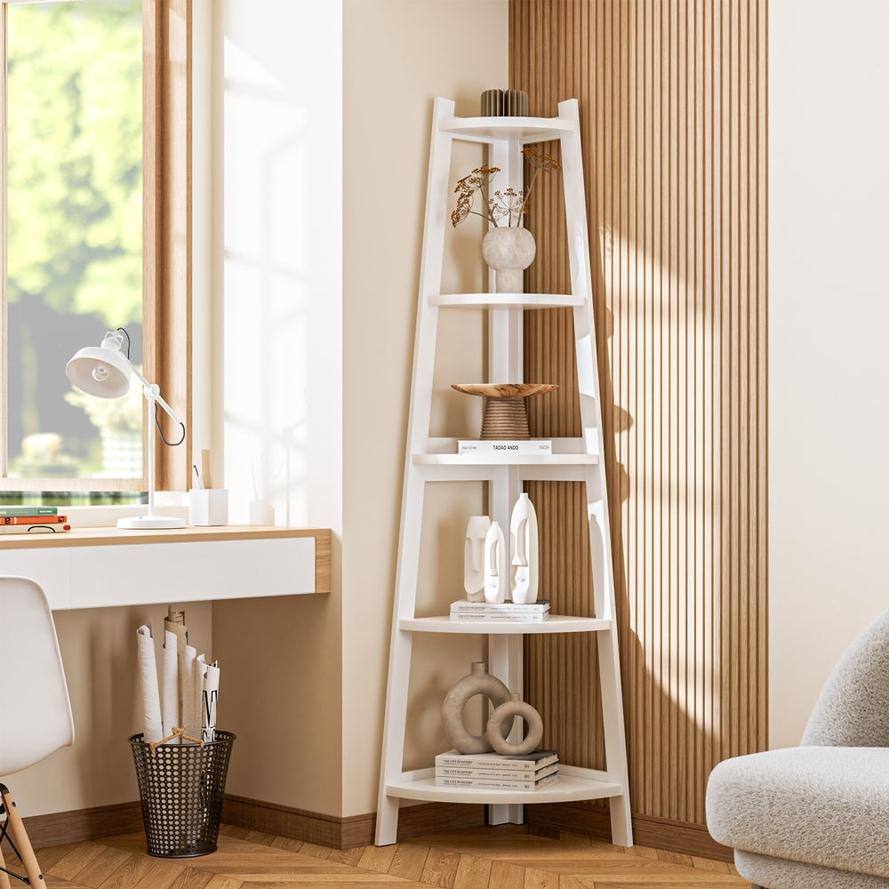 Oikiture Corner Ladder Shelf 5-Tier Display Shelf White
