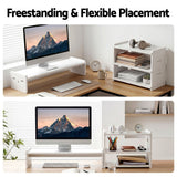 Artiss Monitor Stand and 3-Tier Desk Organiser 2-in-1 Modular Computer Monitor Riser PVC Desktop Shelf Holds 20kg for Office Students Gaming - 45-Degree Angle