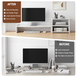Artiss Monitor Stand and 3-Tier Desk Organiser 2-in-1 Modular Computer Monitor Riser PVC Desktop Shelf Holds 20kg for Office Students Gaming - Low Angle